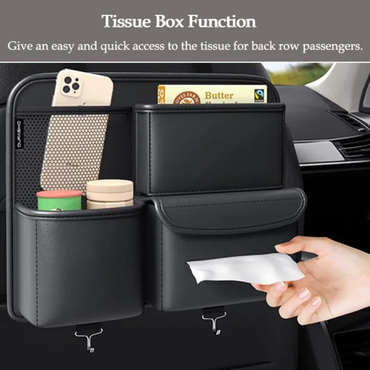 Premium Leather Car seat Organizer. Storage Box, Tissue Box and Cup Holder