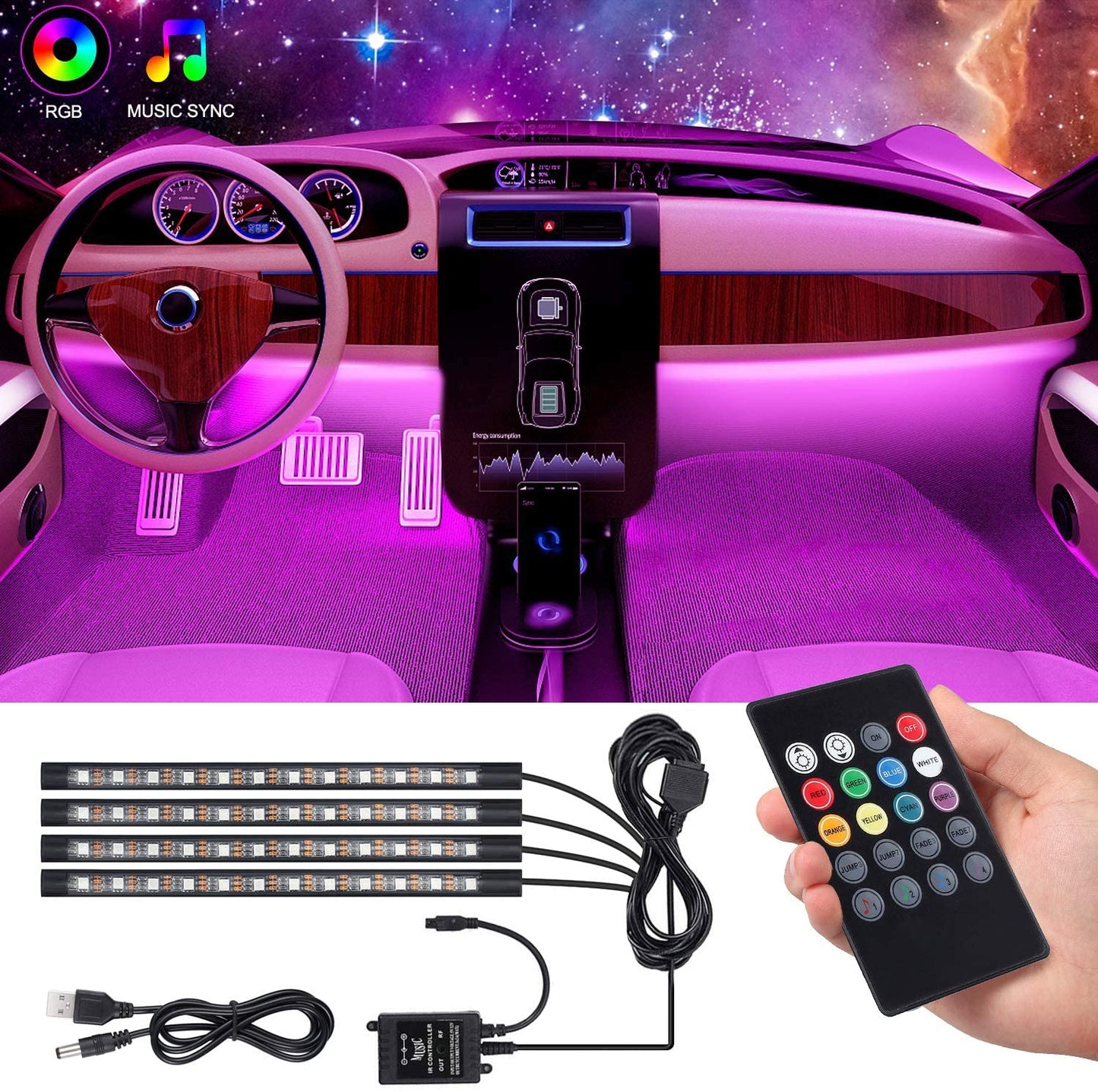 RGB LED Car Ambient Lighting Kit with Remote Control