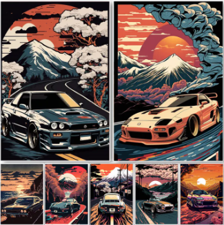 80s Retro Car Japanese Landscape Poster