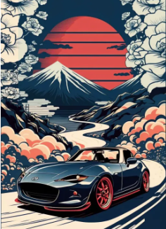 80s Retro Car Japanese Landscape Poster